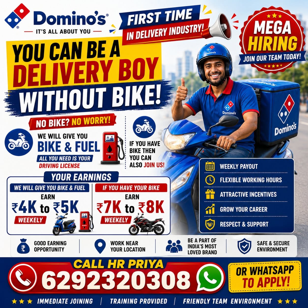 Delivery Boy – Bike & Fuel Provided – Domino's hiring poster