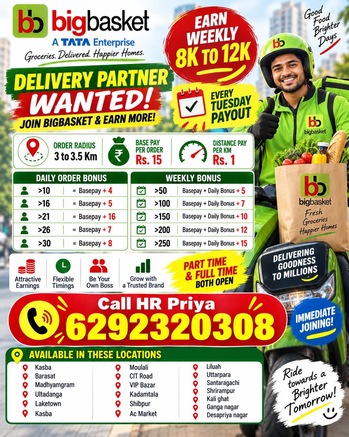 Delivery Partner – Full-time & Part-time – BigBasket (A Tata Enterprise) hiring poster